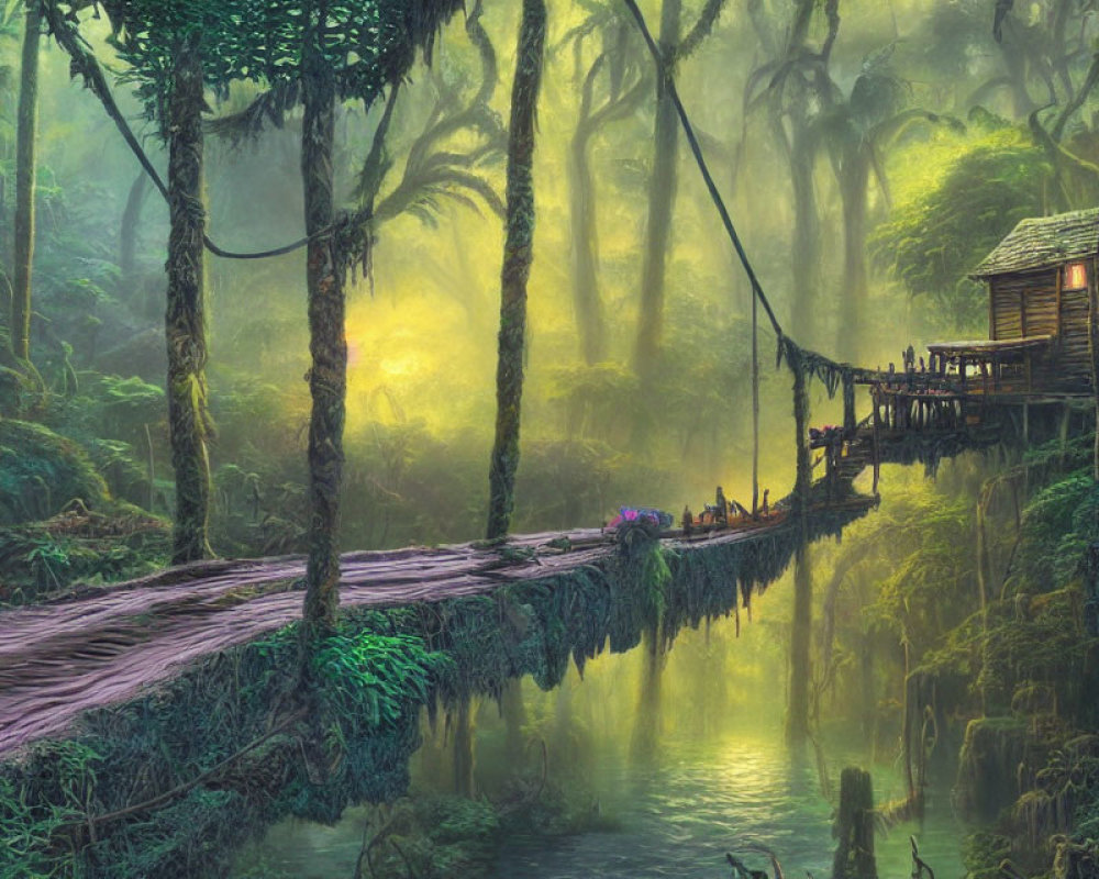 Misty forest scene with wooden cabin on stilts and rope bridge