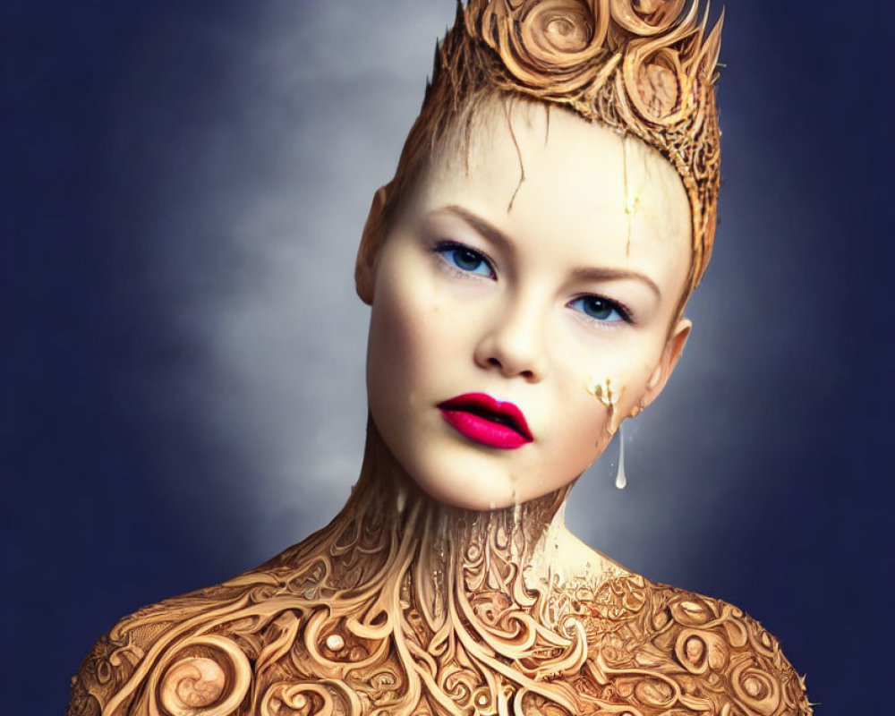 Stylized portrait of a woman with golden ornamental crown and body art on blue background with cracked