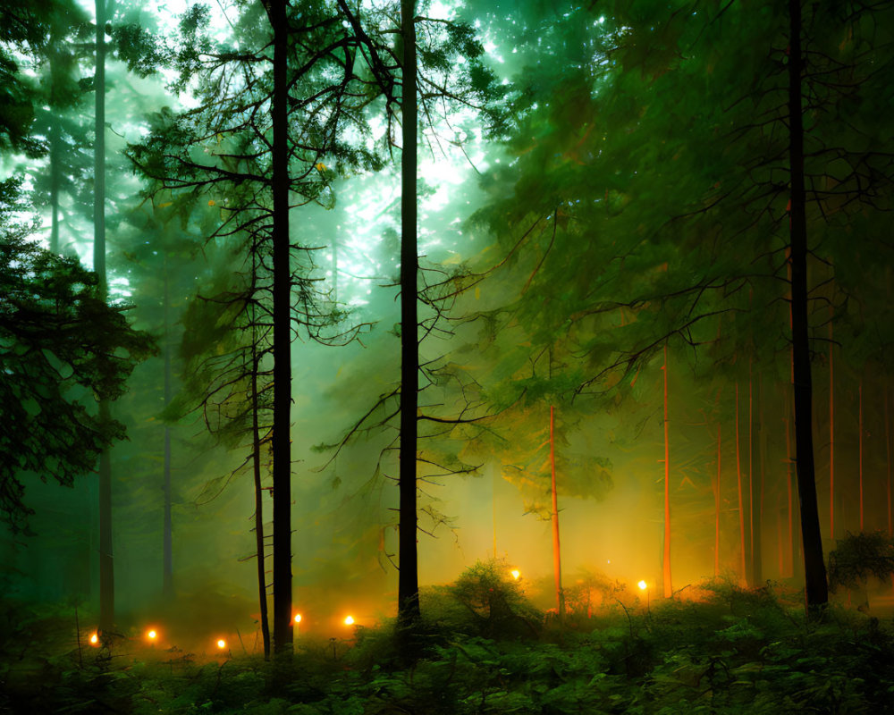 Misty green forest with tall trees and glowing lights