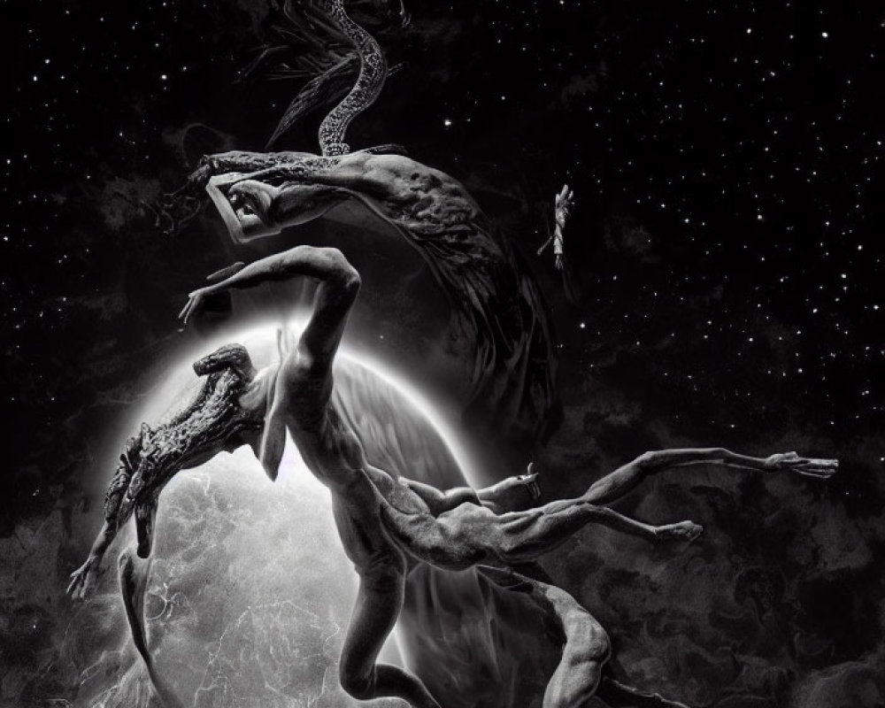 Monochromatic fantasy art: Dragon and horse under cosmic sky