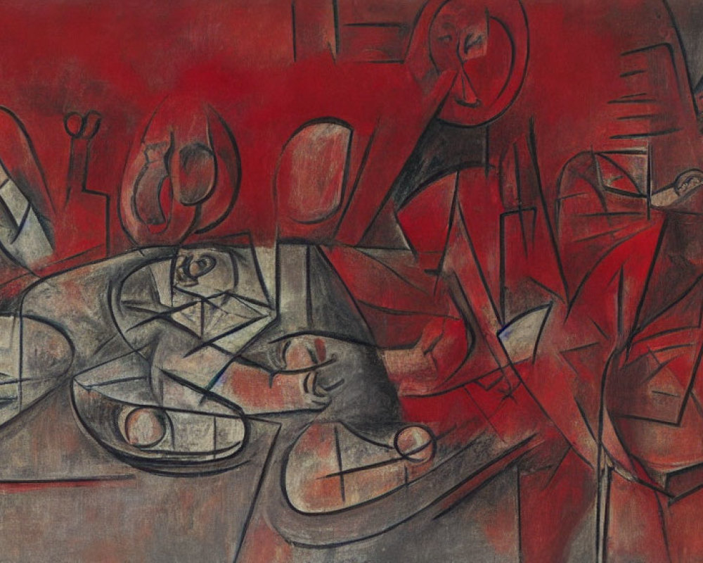 Distorted human figures in abstract painting with muted reds and grays