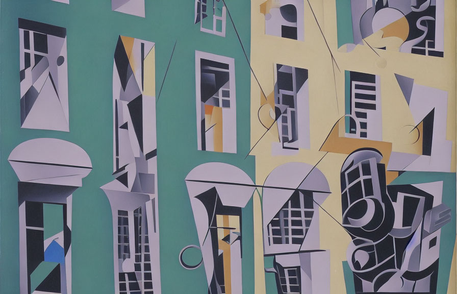Geometric abstract painting with architectural forms in greens, yellows, and grays