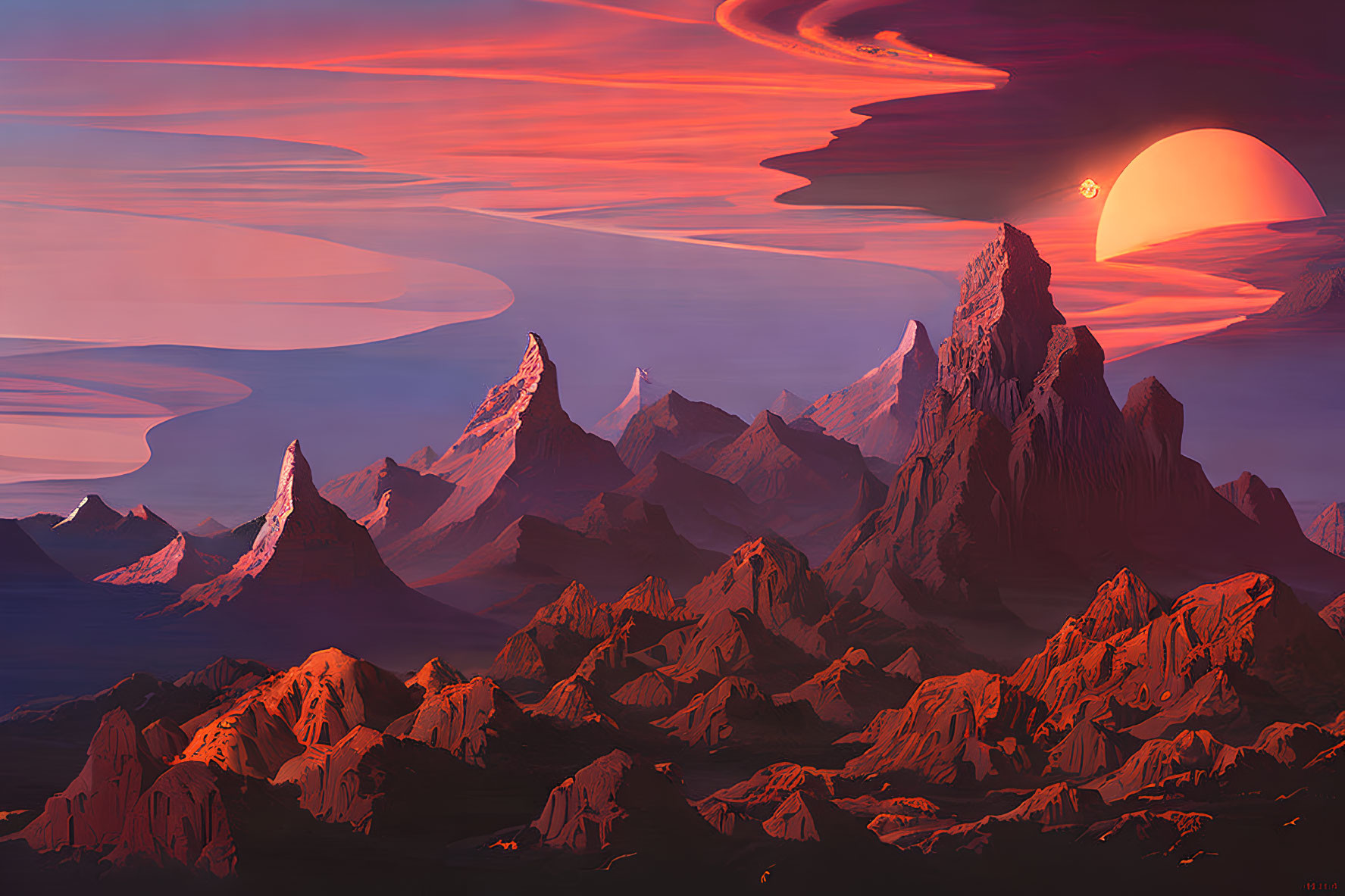 Alien landscape with towering mountains and red sky