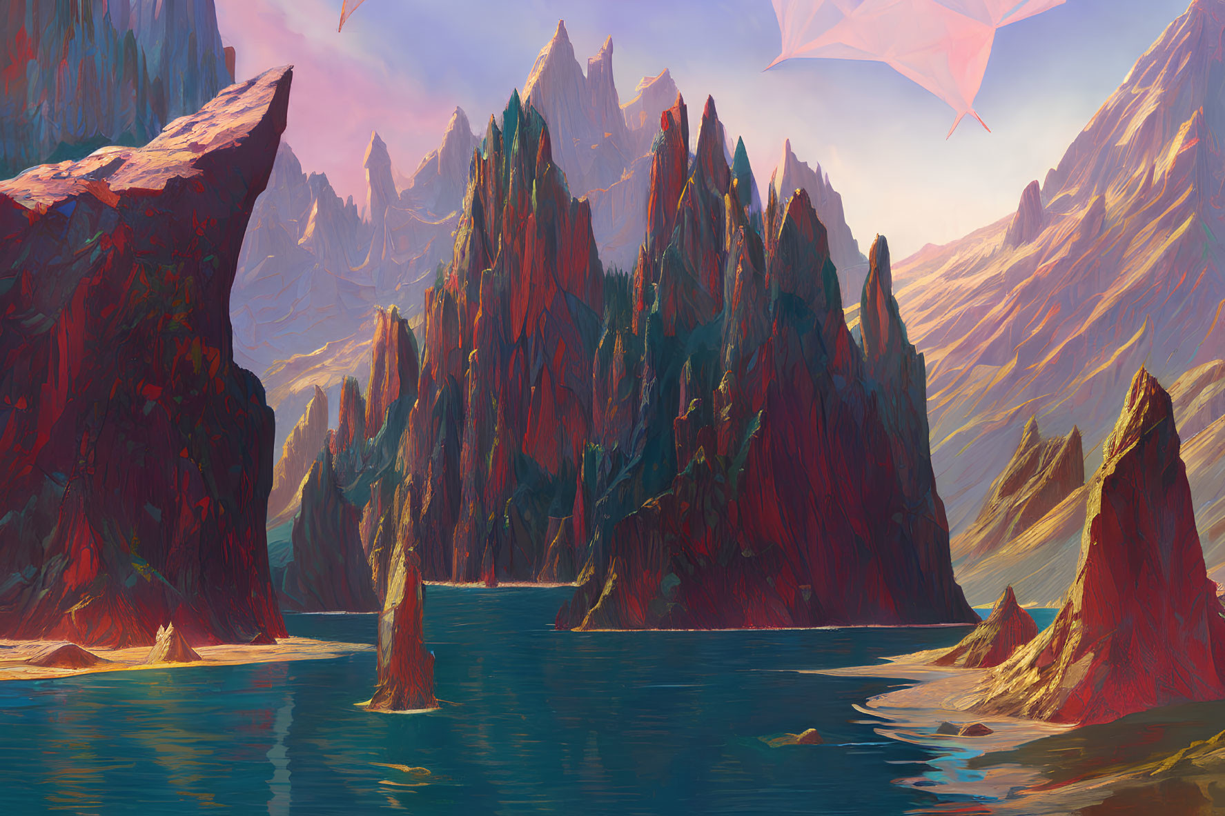 Fantasy landscape with red mountains, blue lake, and flying dragon