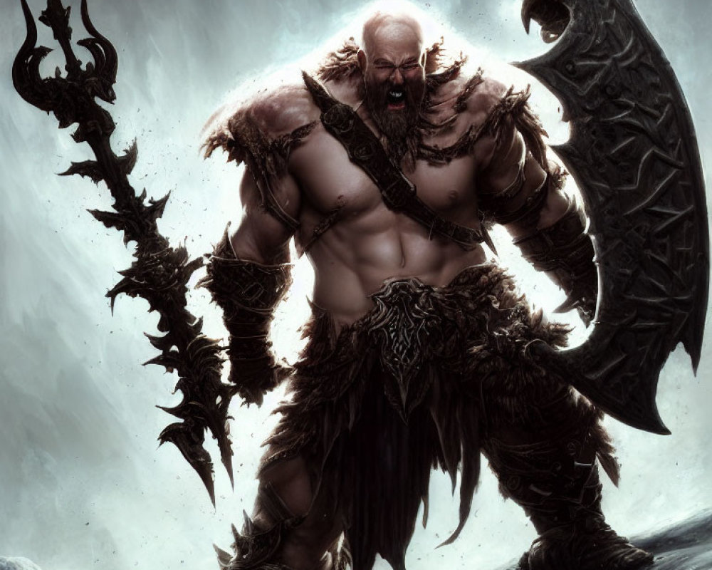 Muscular fantasy warrior with double-bladed axe in dark misty setting
