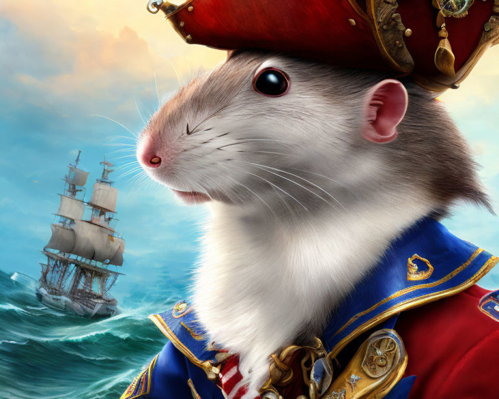 Anthropomorphic rat in naval officer uniform with ship background