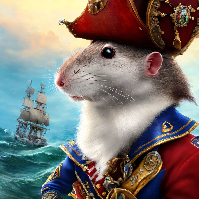 Anthropomorphic rat in naval officer uniform with ship background
