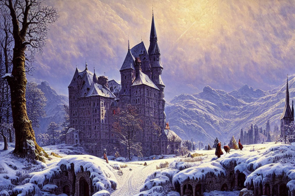 Winter castle scene with snow-capped mountains and pastel sky.