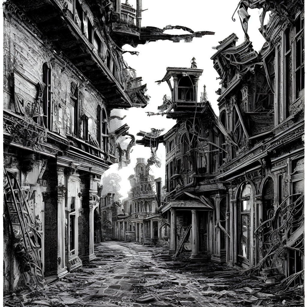 Monochrome illustration of a derelict alley with decaying buildings.