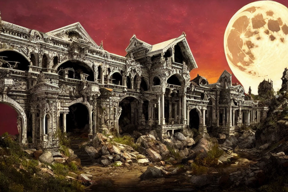 Ancient ruined palace in rocky terrain under detailed moon at dusk