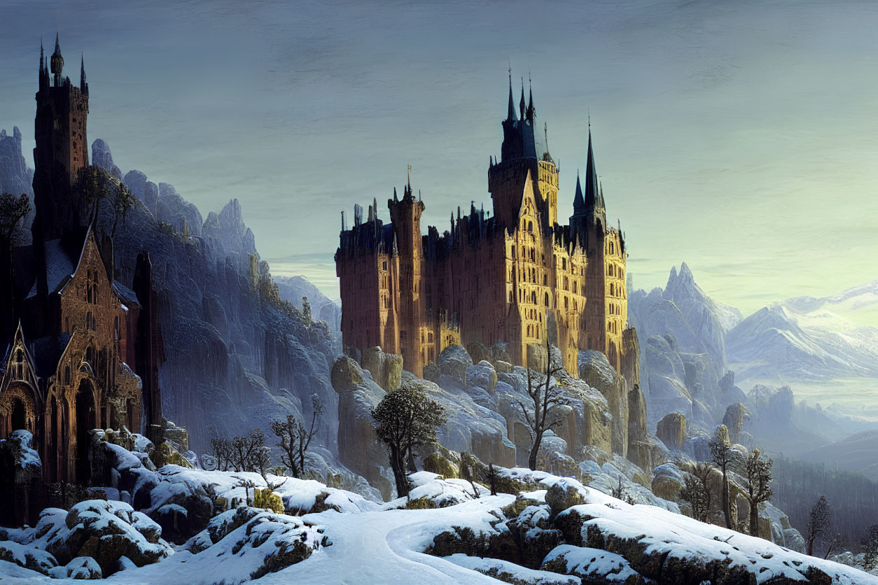Snow-covered mountains and medieval castles under dusky blue sky
