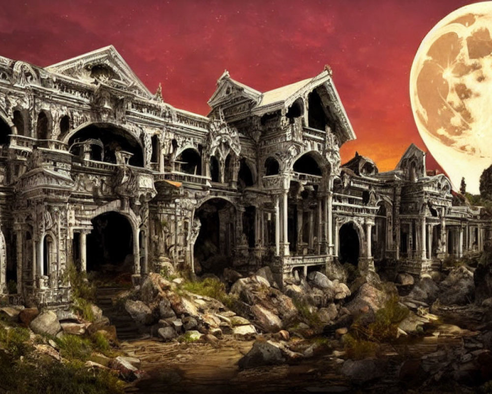 Ancient ruined palace in rocky terrain under detailed moon at dusk