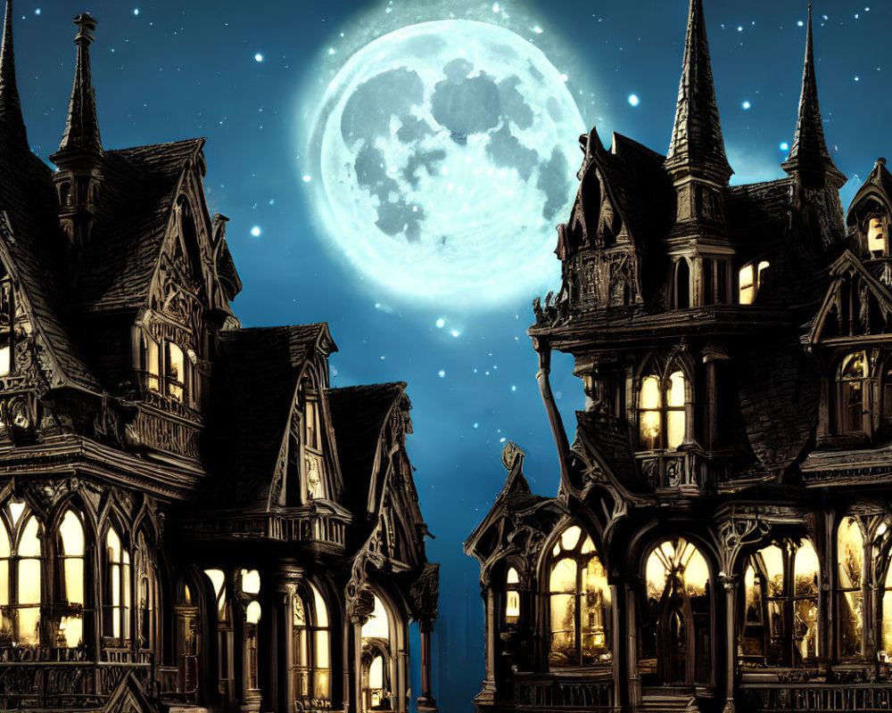 Victorian Gothic-style houses under full moon in starry night sky