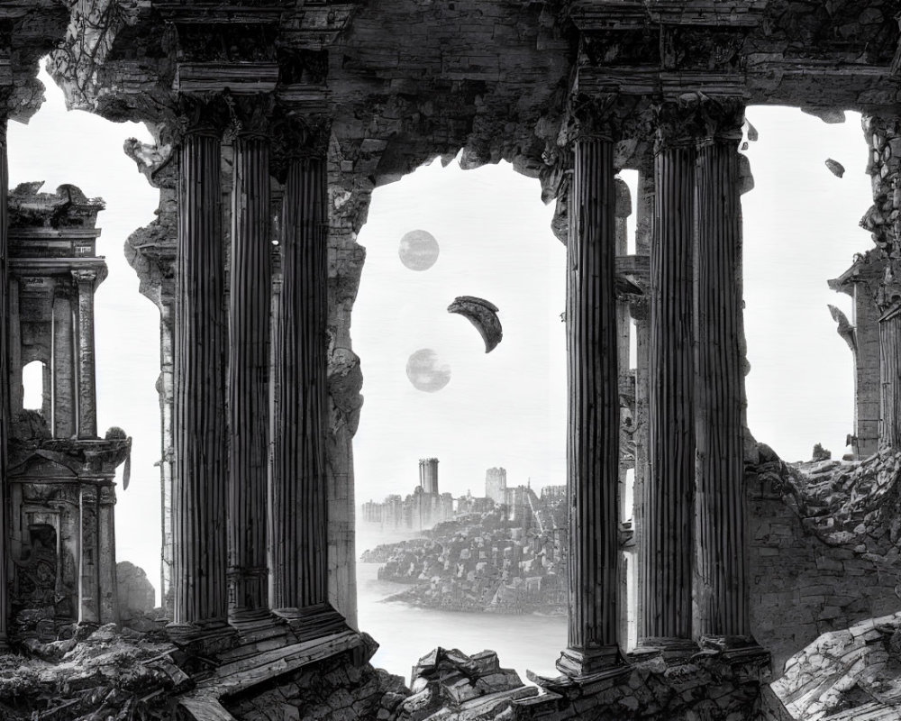 Classical columns and arches against futuristic cityscape with multiple moons or planets.