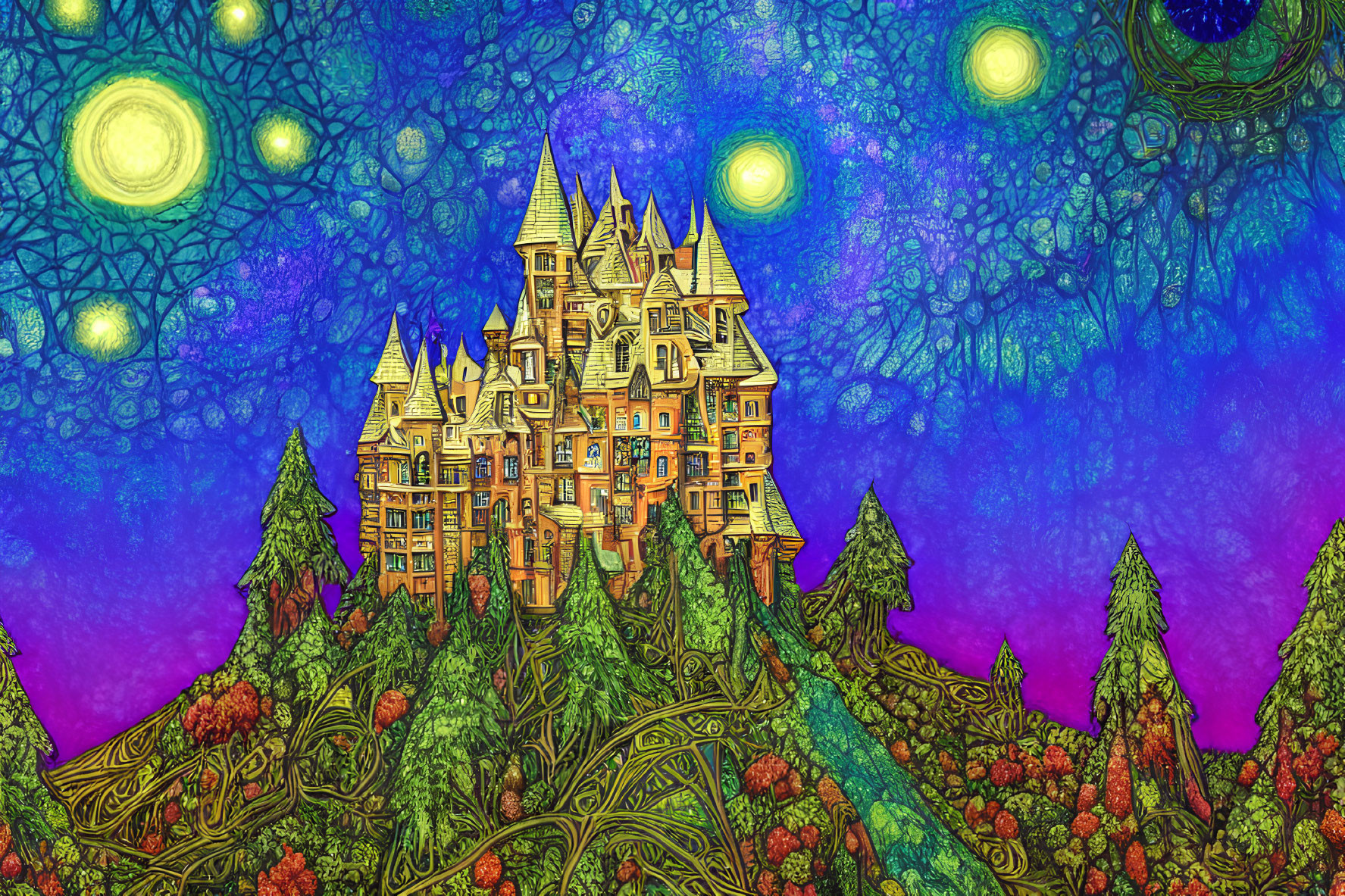 Detailed illustration: Fantastical castle in vibrant, colorful forest under starry sky