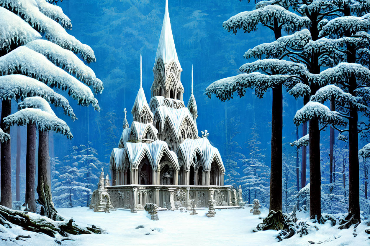 Snowy forest with ice castle under twilight sky