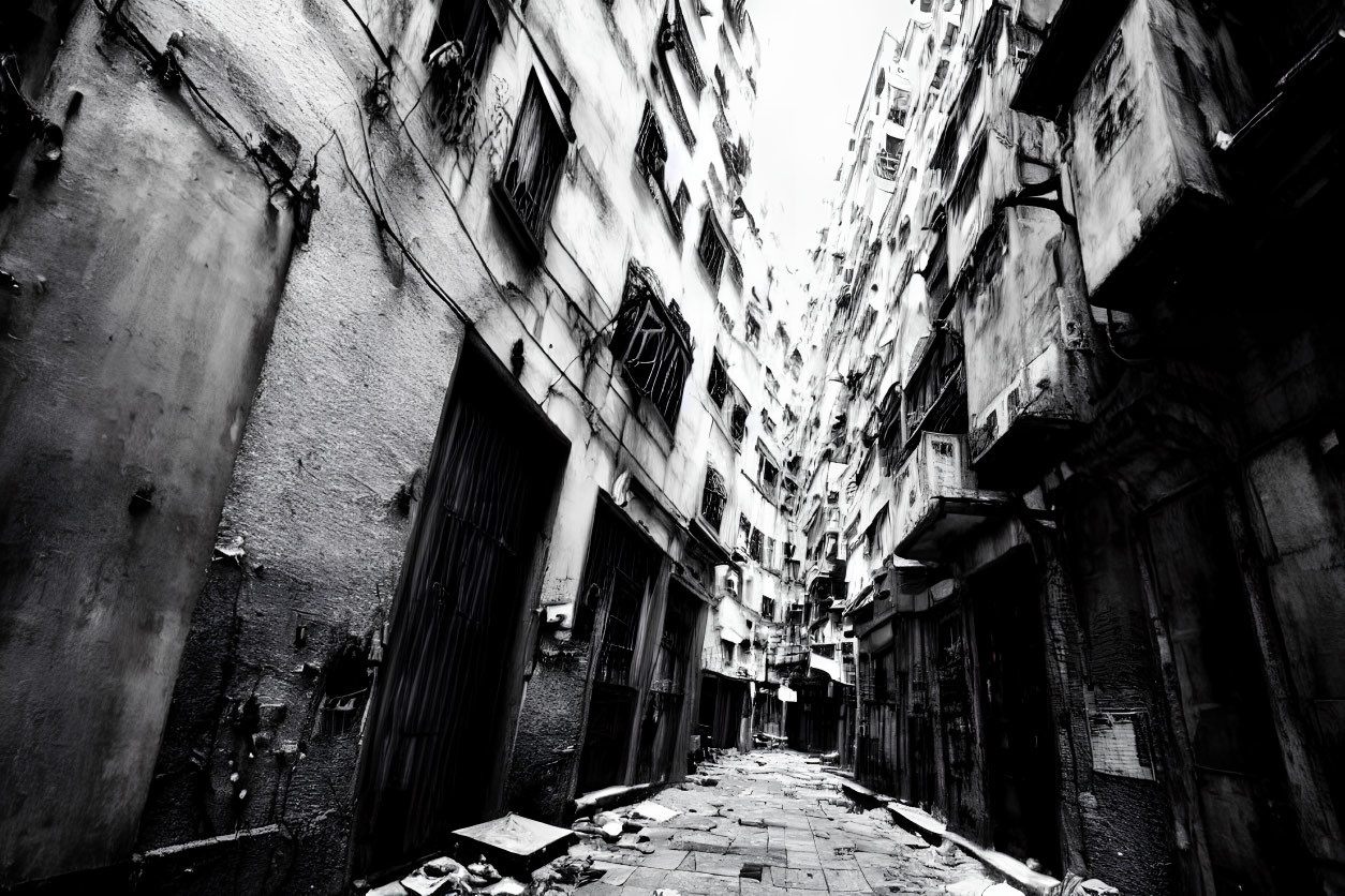 Monochrome photo: Narrow alley, tall buildings, fire escapes