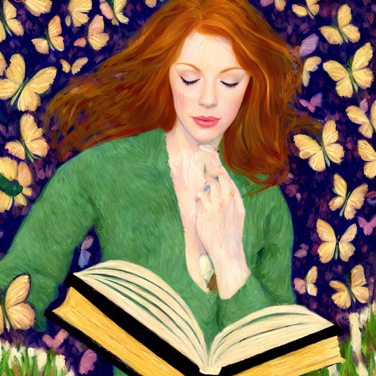 Red-Haired Woman Reading Book in Field of Flowers and Butterflies