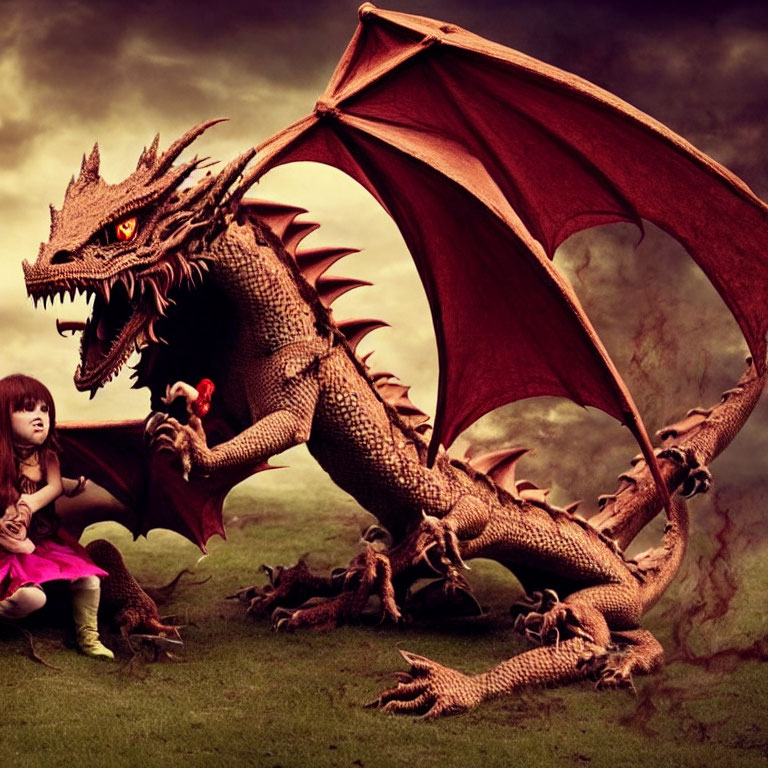 Young girl in pink dress with red flower faces dragon under dusky sky