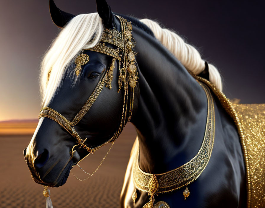 Majestic black horse with golden bridle in desert setting