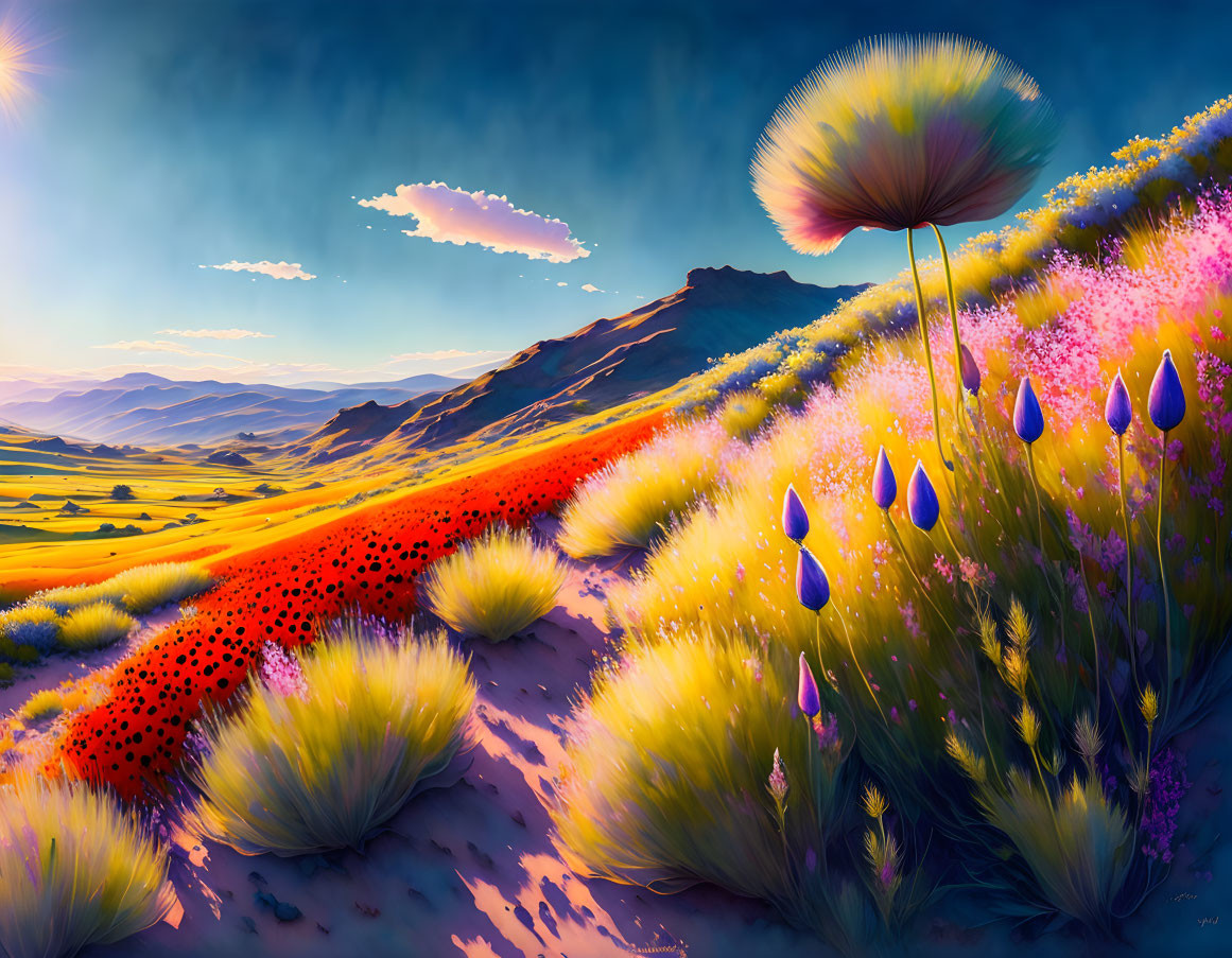 Fantastical landscape: rolling hills, colorful flora, oversized dandelion, sunset sky