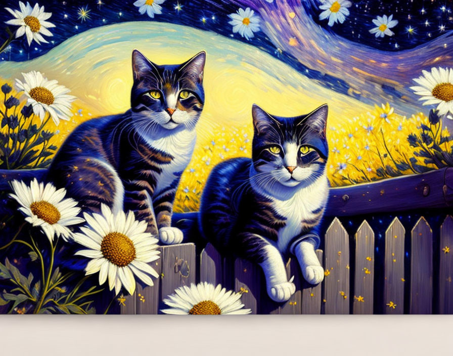 Two Cats with Unique Patterns on Wooden Fence in Field of Yellow Flowers