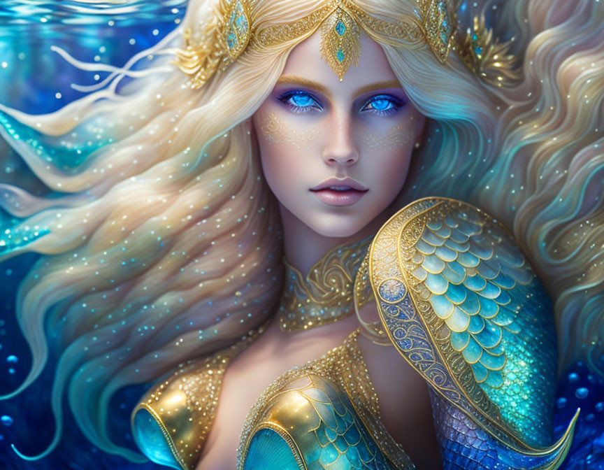 Fantastical woman in golden armor with blonde hair on blue backdrop