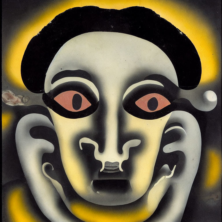 Monochrome surrealistic face with exaggerated features in yellow and black palette