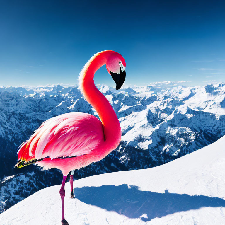 Pink flamingo standing on one leg with snowy mountains in the background