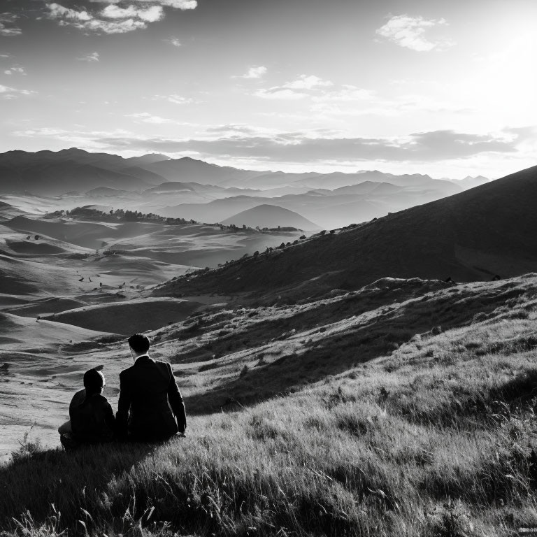 Scenic view of two individuals on grassy hill overlooking mountains