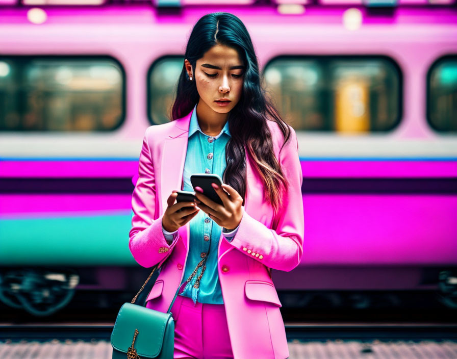 Young woman in pink suit on smartphone at train station with blurred train.
