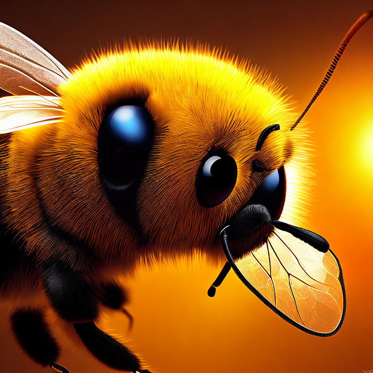 Detailed stylized bee illustration with exaggerated furry texture and shiny eyes on orange backdrop