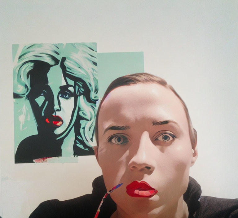 Person with paintbrush in mouth and pop art Marilyn Monroe painting in background.