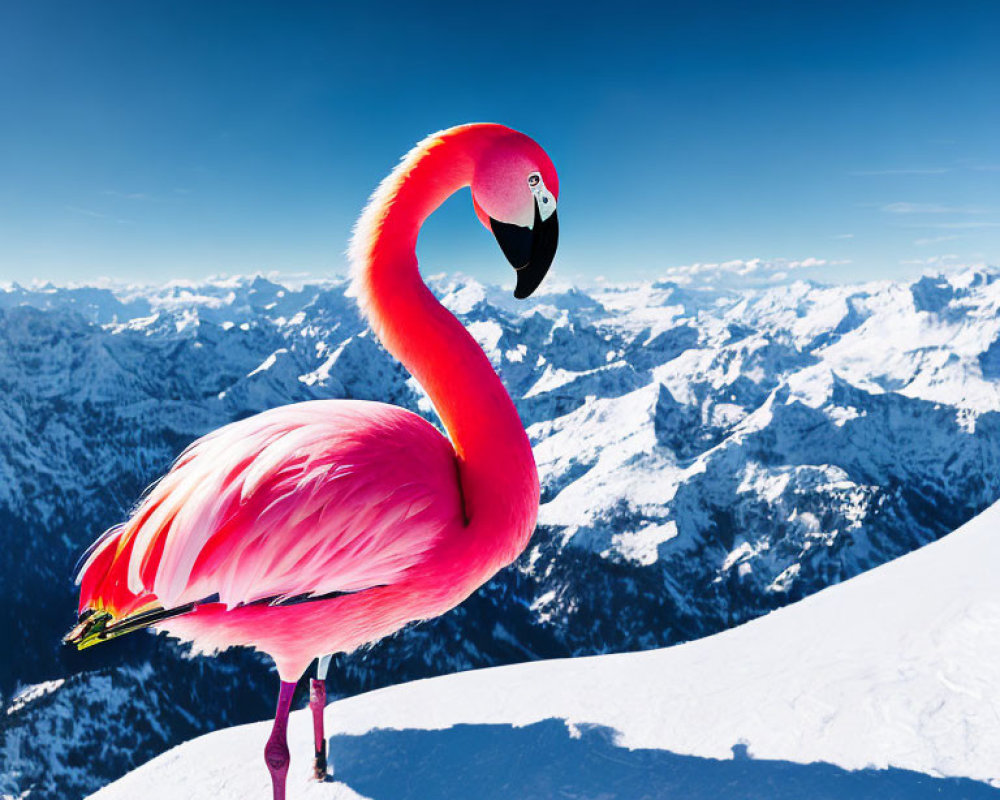 Pink flamingo standing on one leg with snowy mountains in the background