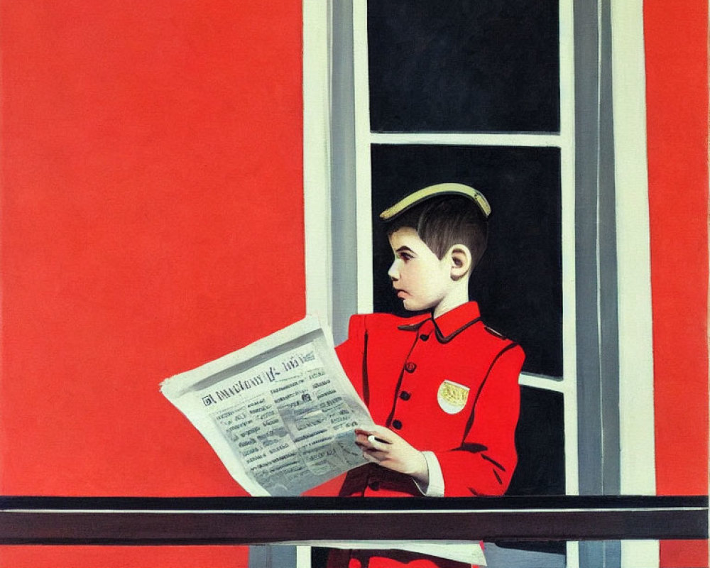 Bellboy in Red Uniform Reading Newspaper Against Red Backdrop with White Window Frame