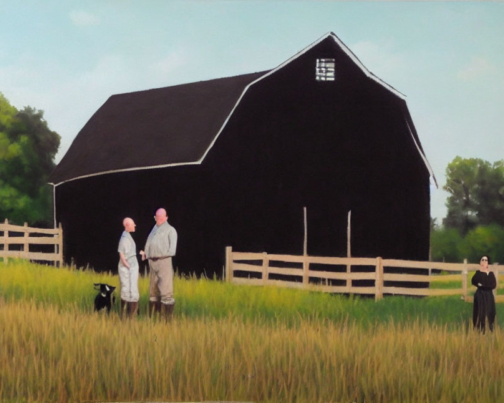 Amish family painting near black barn & wooden fence
