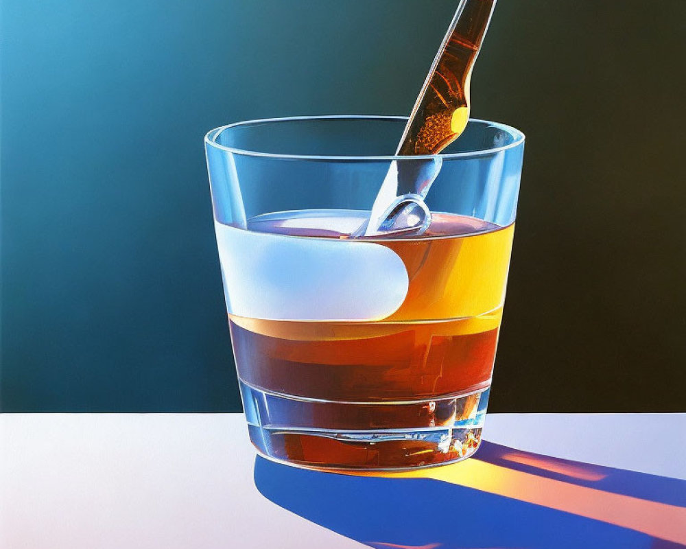Hyperrealistic Painting of Glass Half-Filled with Amber Liquid and Ice