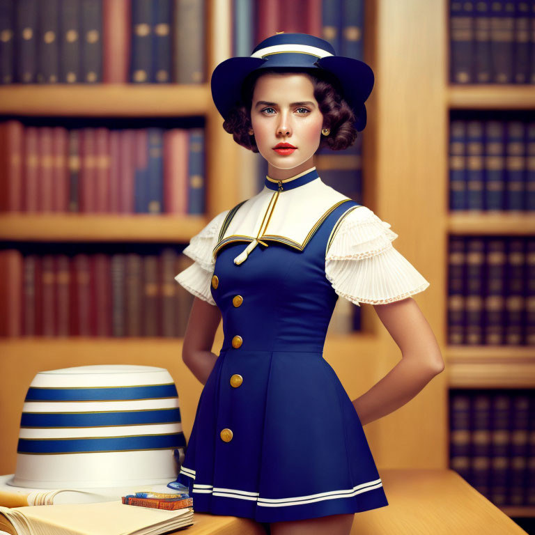 Vintage blue sailor dress woman in library with shelves of books