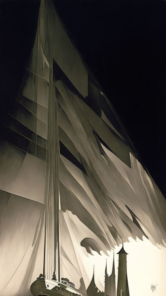 Monochrome sailing ship illustration on dark background