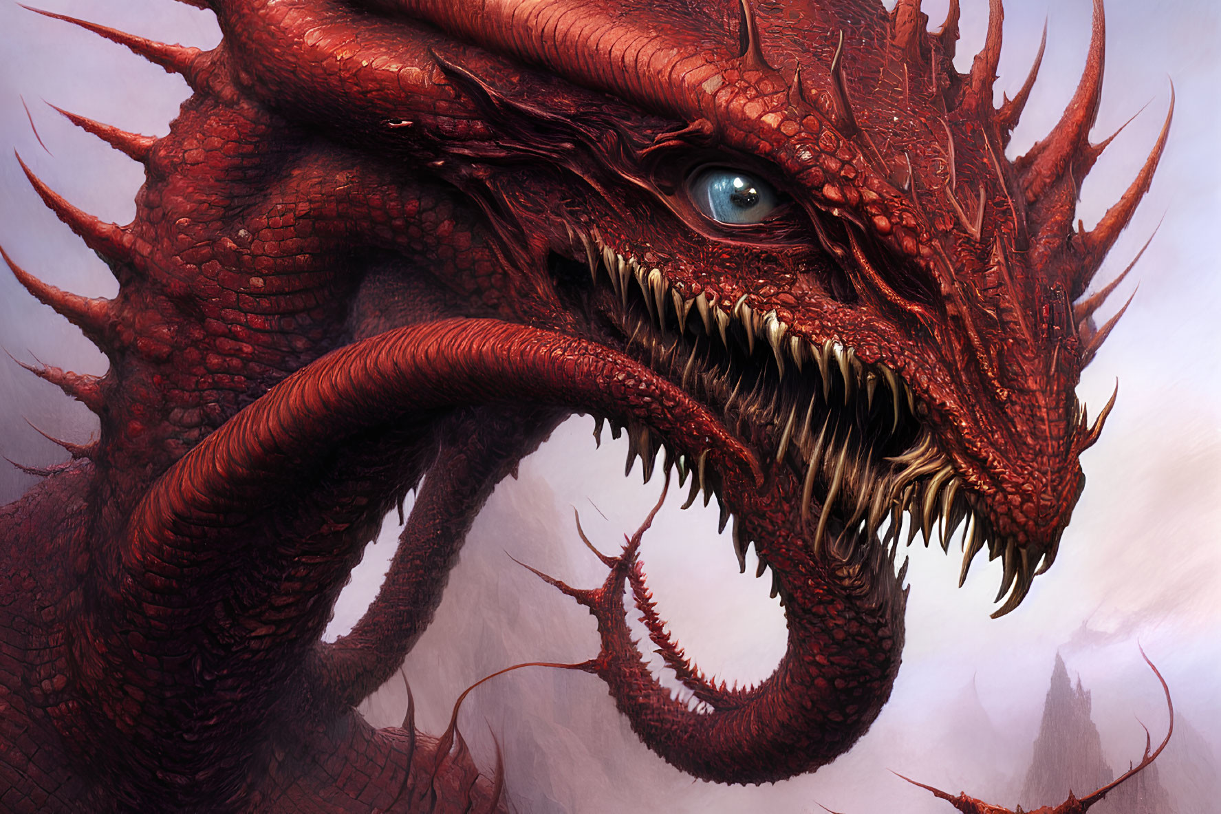 Detailed Close-Up of Fierce Red Dragon with Multiple Horns and Blue Eye