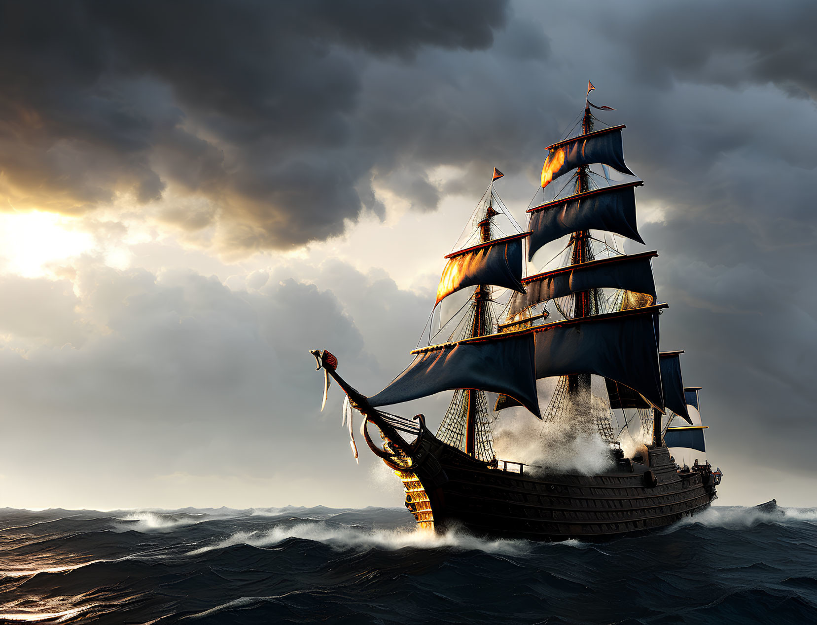 Sailing ship with billowing sails on turbulent ocean waves at sunset