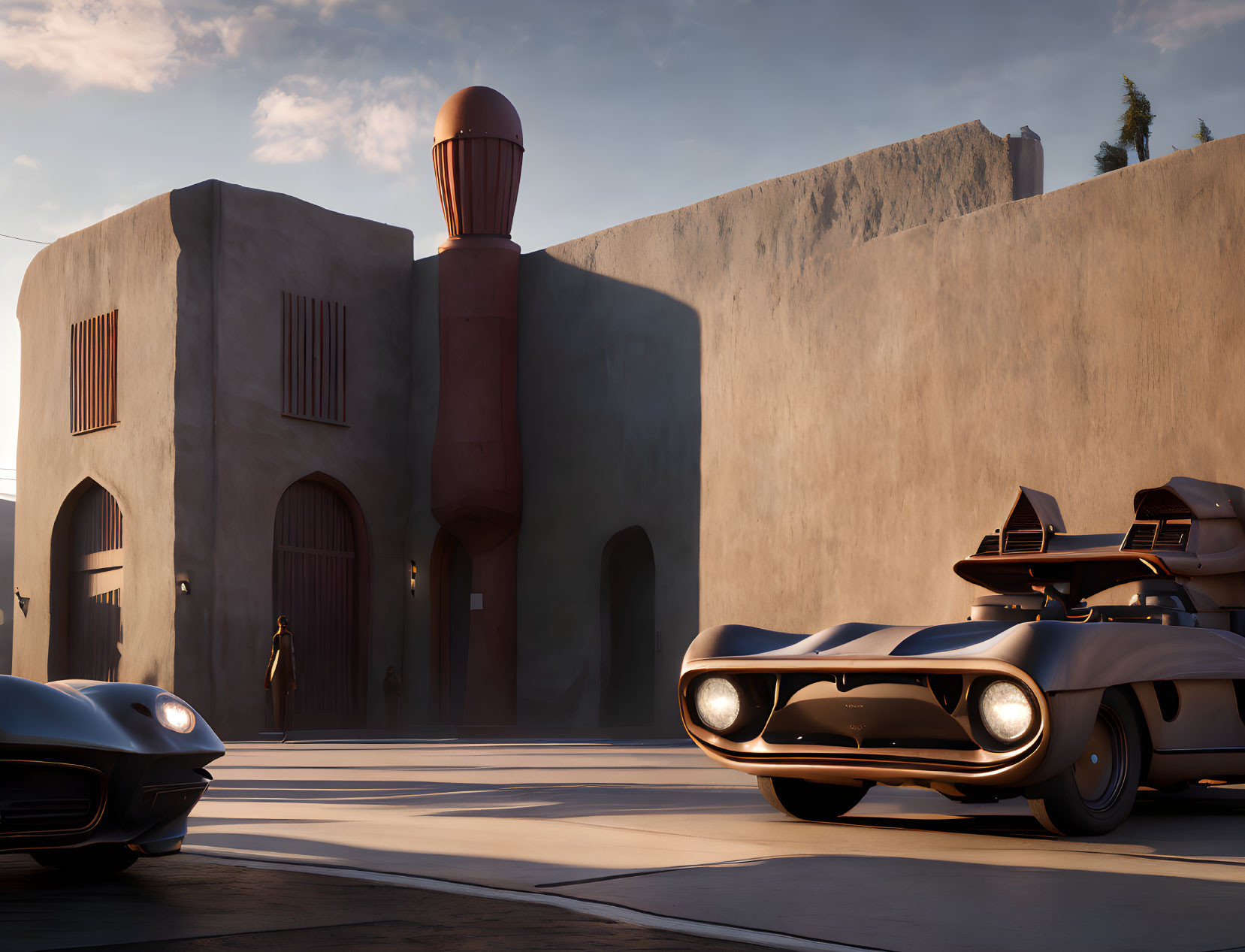 Futuristic cars parked at modern desert house with cylindrical structure at sunset