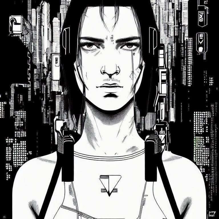 Monochromatic illustration of stern figure with cybernetic enhancements in futuristic cityscape