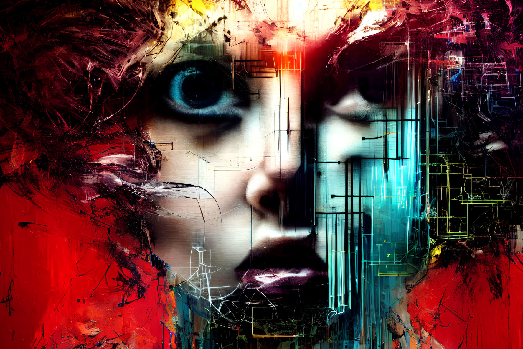 Colorful Abstract Digital Art: Woman's Face with Red, Blue, and Black Strokes