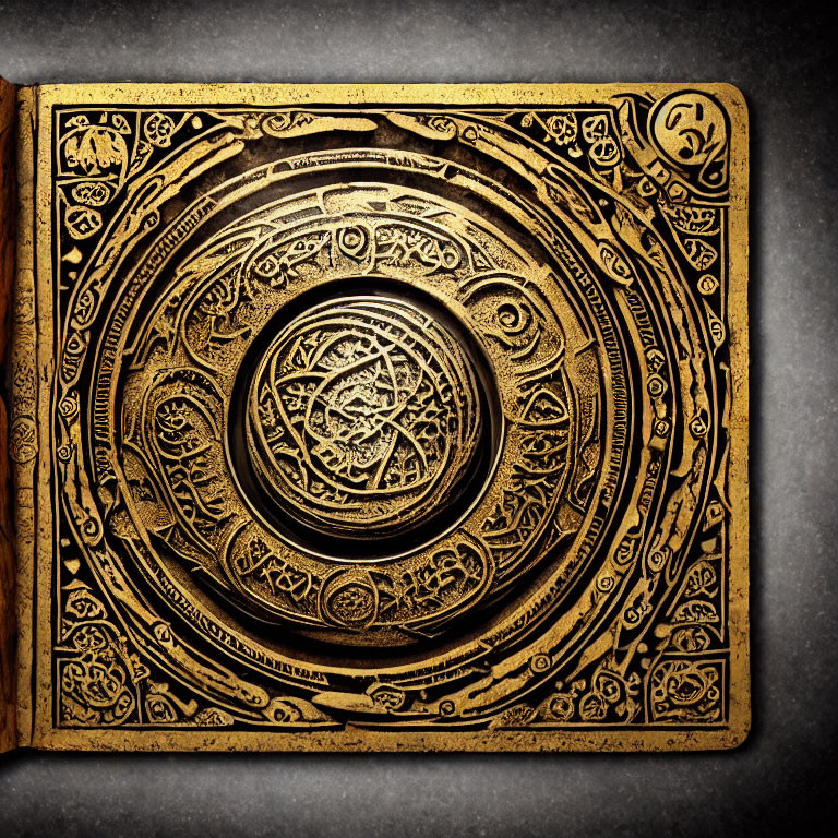 Intricate Golden Carved Book Cover with Circular Patterns