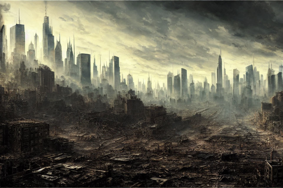 Dystopian cityscape with decaying buildings and distant skyscrapers