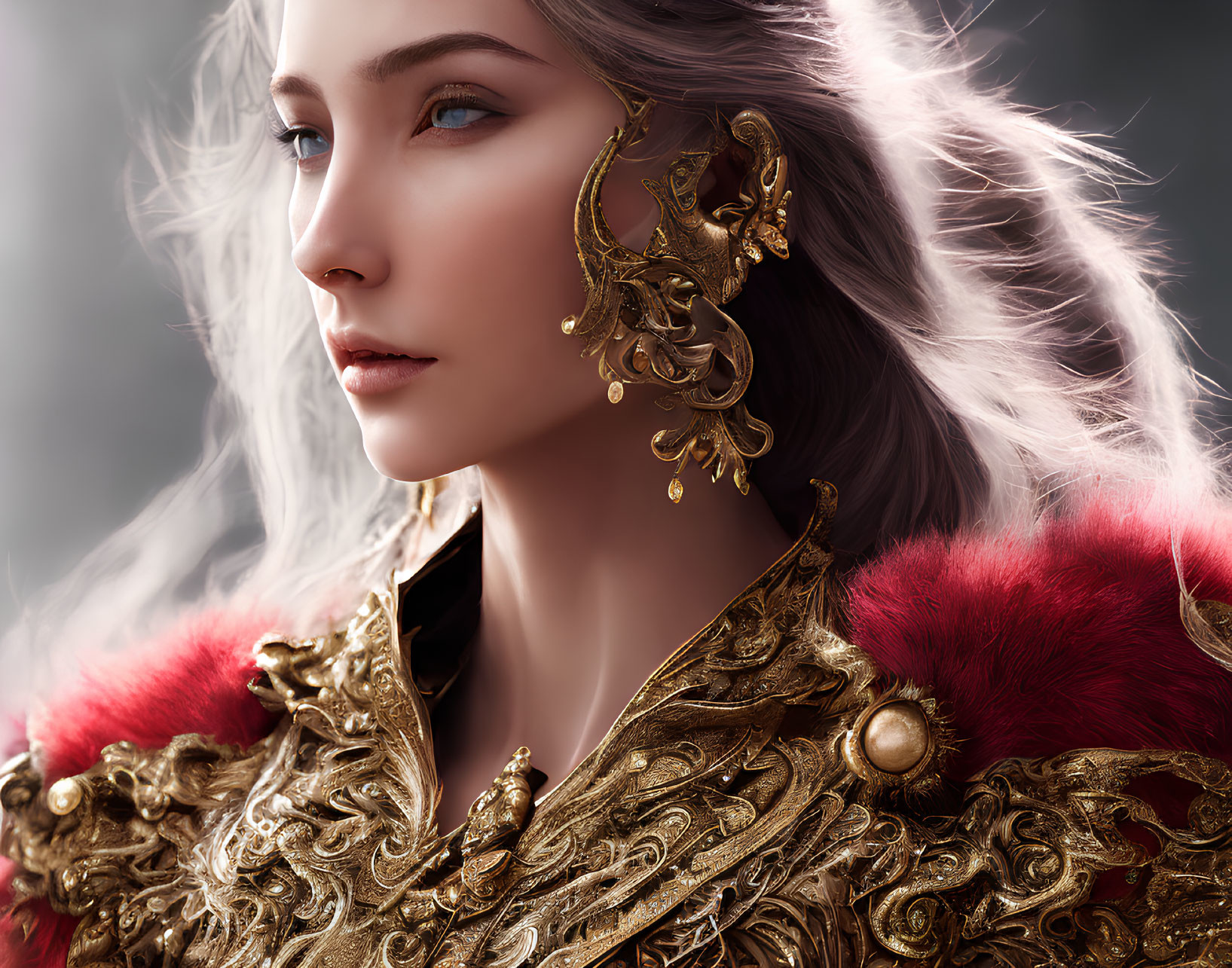 Digital artwork of woman in gold armor with ornate ear jewelry