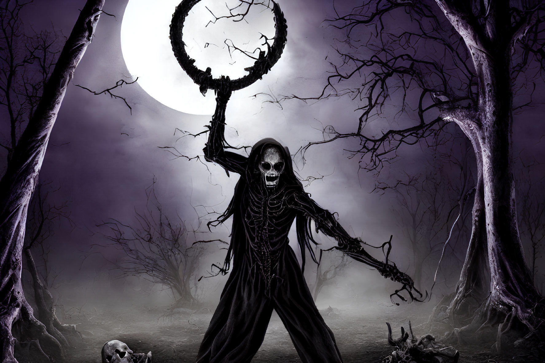 Skeletal figure in black robe with amulet under full moon