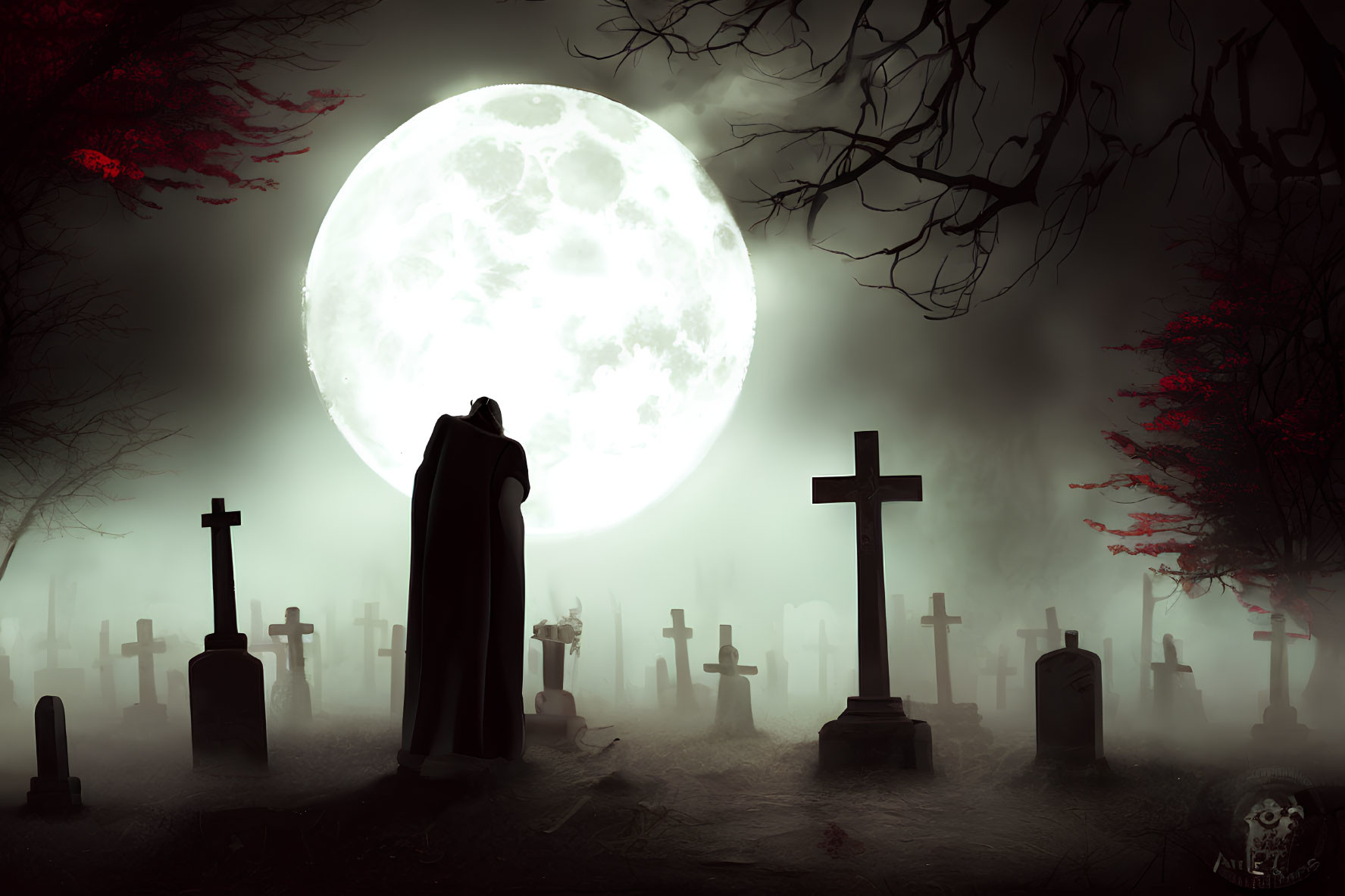 Cloaked figure in foggy cemetery under full moon