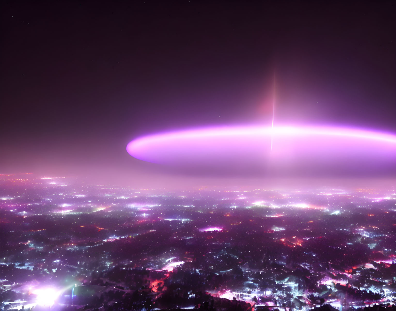 Glowing purple and pink UFO over night cityscape with white beam